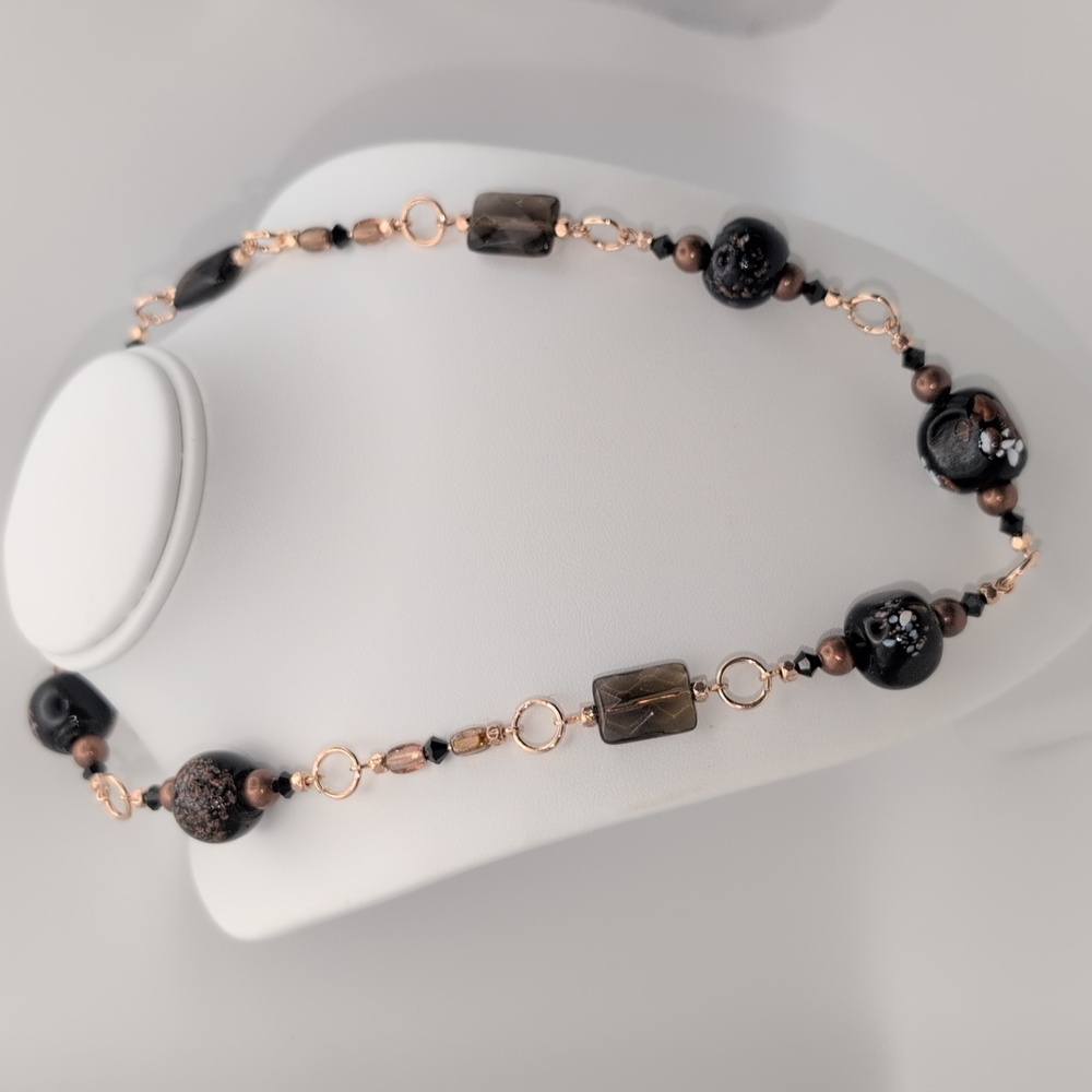 Handmade Lampwork Black & Bronze Glass & Smokey Quartz Beaded Necklace 16.5"